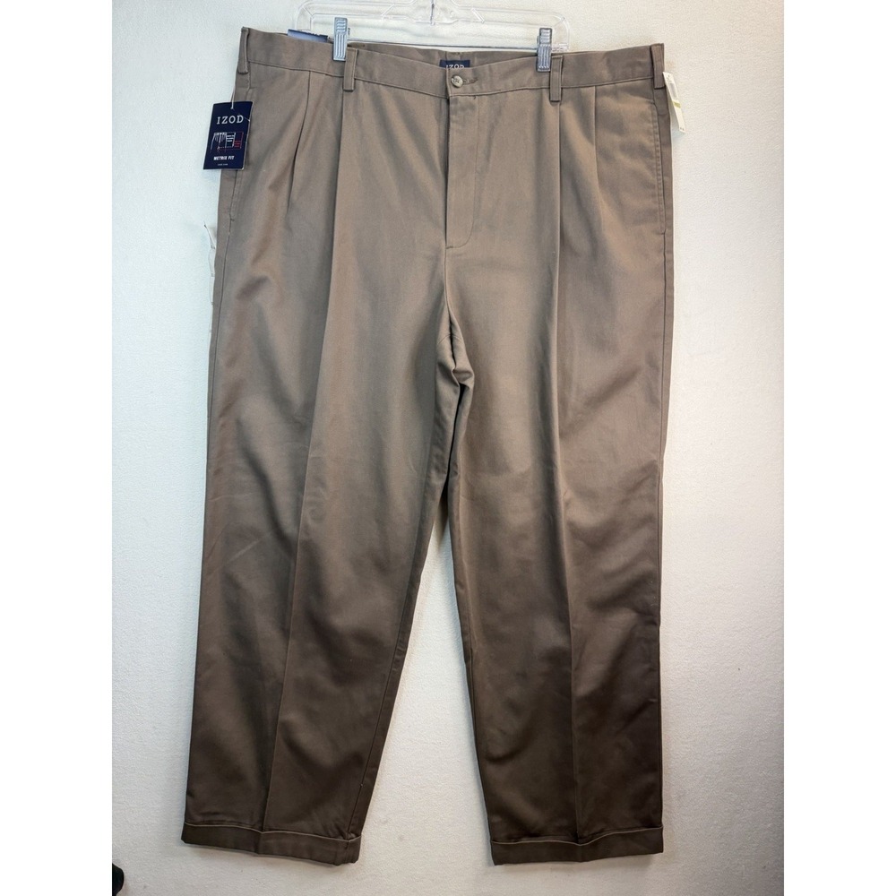 NEW $75‎ IZOD American Chino Beige Flat Front SLIM FIT Pants 44 X32 Wrinkle Free